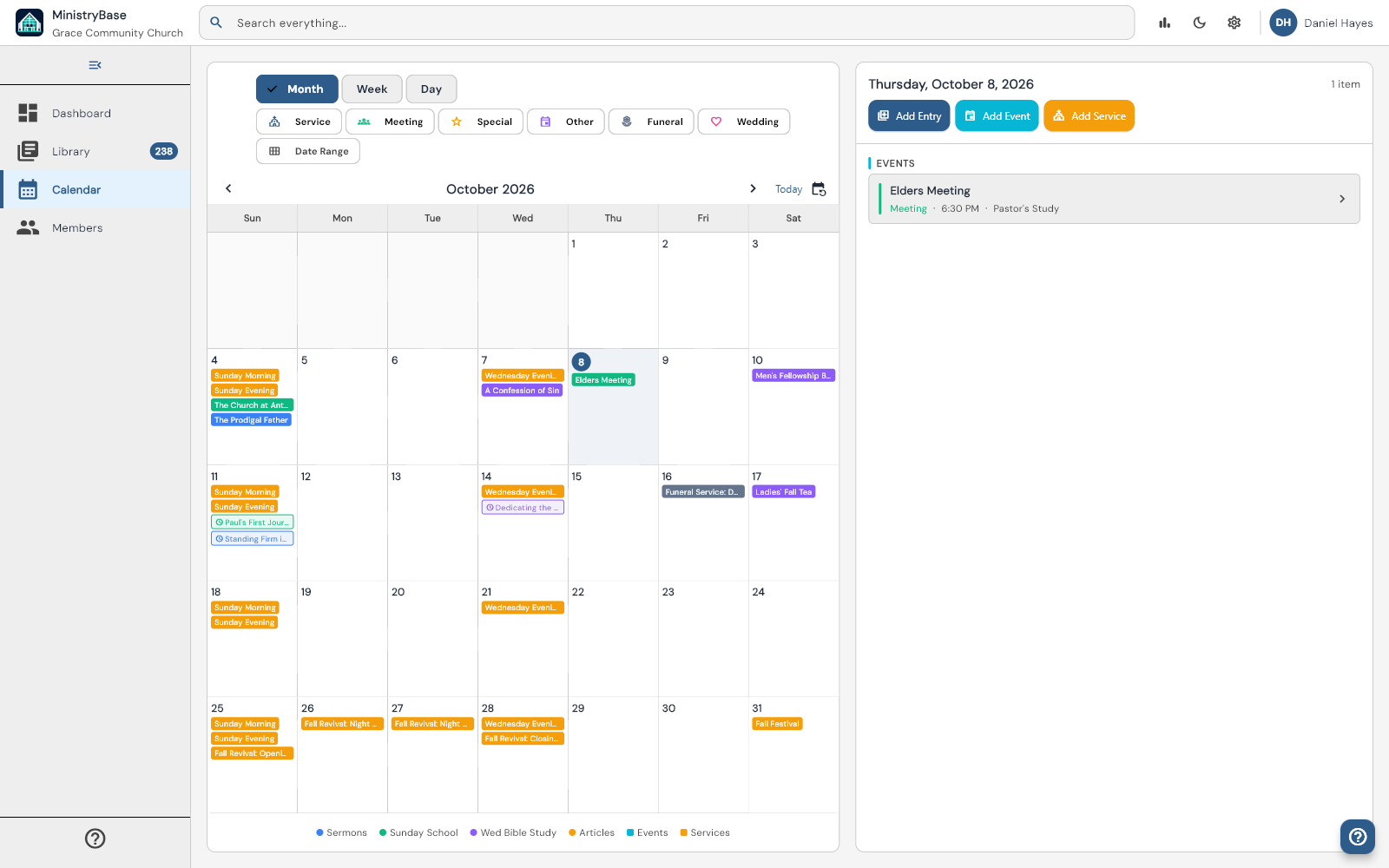 The MinistryBase calendar for October, with Sunday and Wednesday services, the lessons planned for them, and the month’s meetings and events.