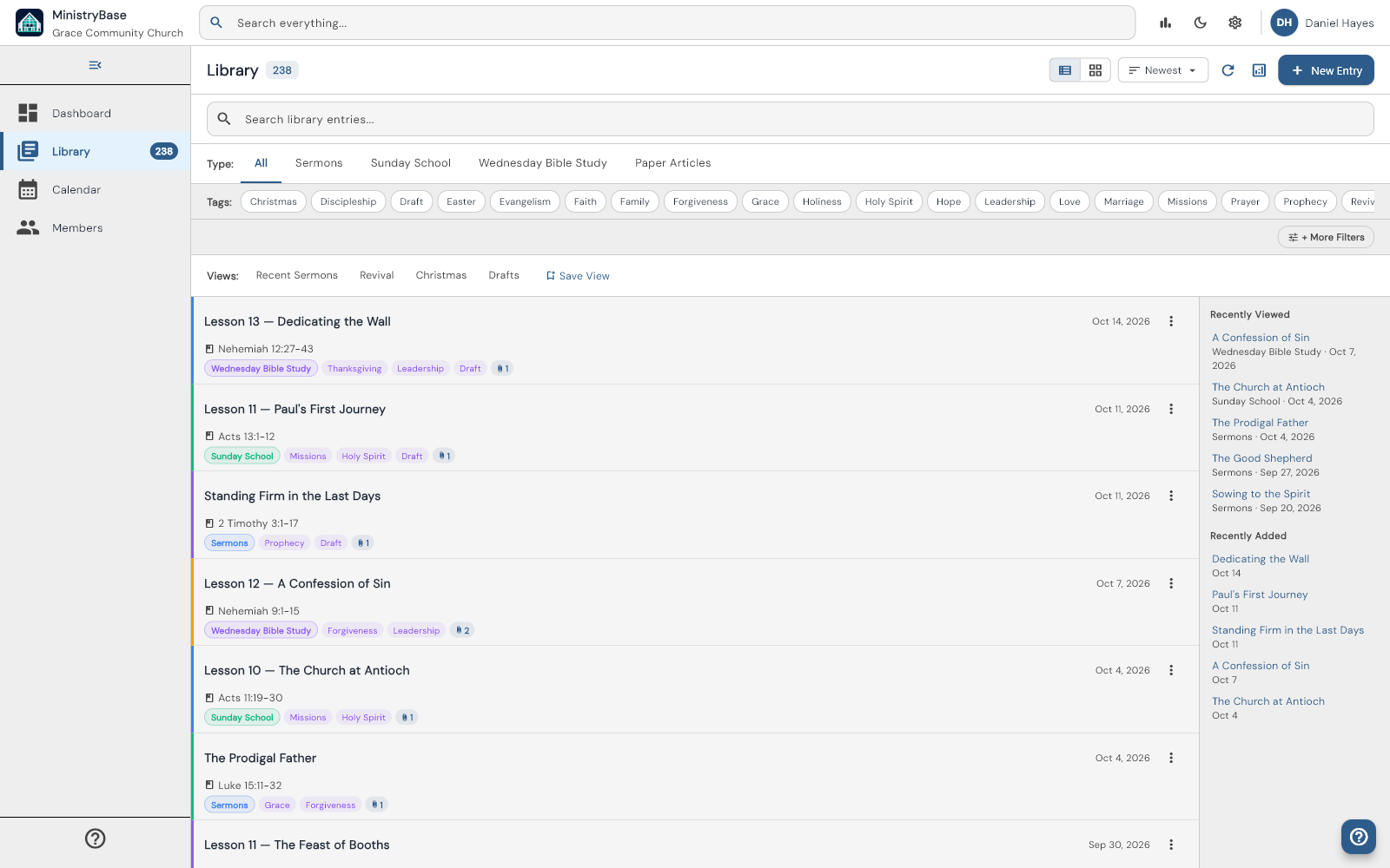 The MinistryBase library listing sermons, Sunday School lessons, and Wednesday Bible studies, each with its passage, date, and tags.